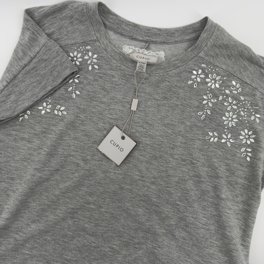 NEW Cupio Womens Grey Embellished Rhinestone Floral Short Sleeve Top XS